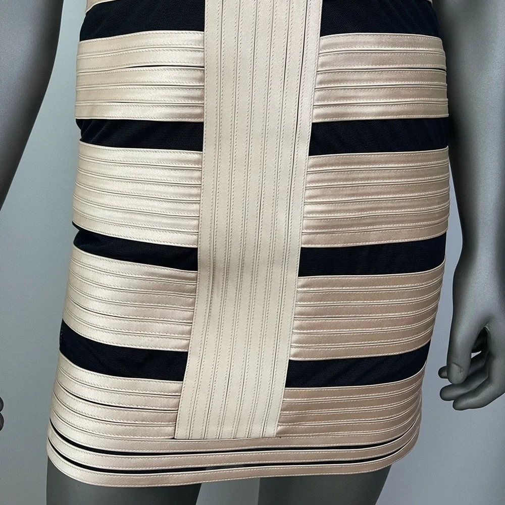 BCBGMaxazria Dress Womens 6 Champagne Satin Mesh Sleeveless Short Party Sexy - Picture 7 of 9